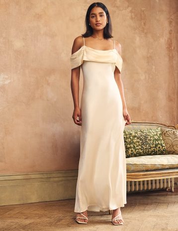 Nobody's Child Ivory Satin Bardot Gaia Bridesmaid Maxi Dress