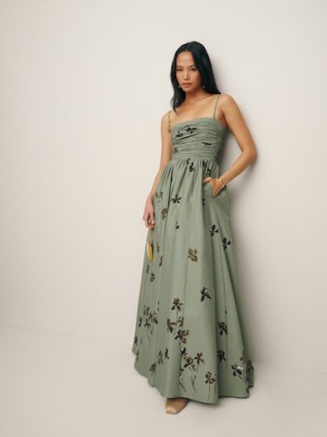 Reformation Kastoria Ruched Dress Green Iris Border