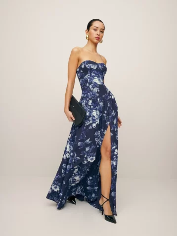 Reformation Leilani Fl;oral Maxi Dress Navy Blue