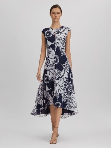 Reiss Becci Printed Open Back Midi Dress Navy Blue White