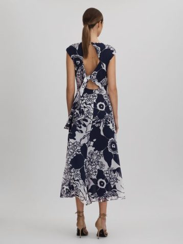 Reiss Becci Printed Open Back Midi Dress Navy Blue White