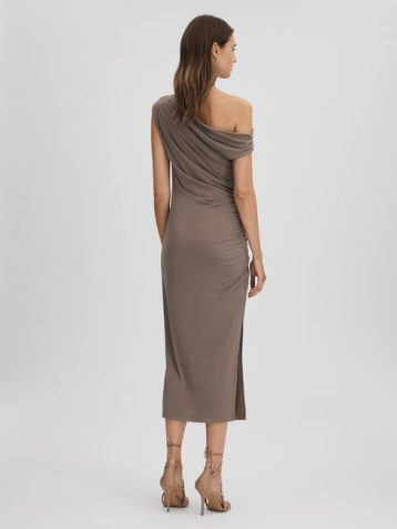 Reiss Fern Bodycon Ruched Midi Dress Mocha