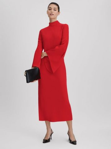 Reiss Katya Flute Sleeve Bodycon Midi Dress Red