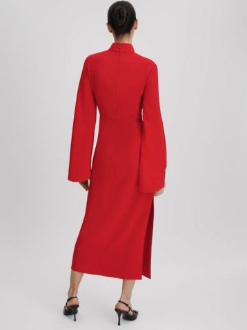 Reiss Katya Flute Sleeve Bodycon Midi Dress Red