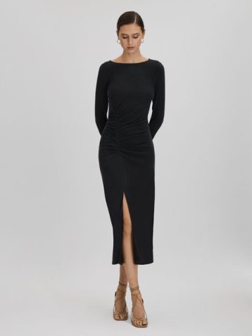 Reiss Lana Ruched Jersey Midi Dress Charcoal Black