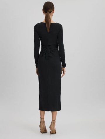 Reiss Lana Ruched Jersey Midi Dress Charcoal Black