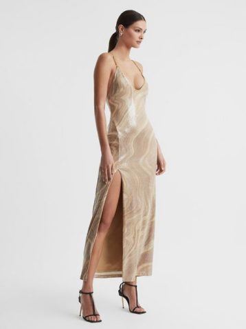 Reiss Madalyn Significant Other Sequin V-Neck Maxi Dress Beige