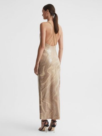 Reiss Madalyn Significant Other Sequin V-Neck Maxi Dress Beige