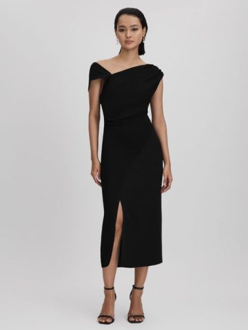 Reiss Miller Asymmetric Bodycon Midi Dress Black