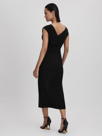 Reiss Miller Asymmetric Bodycon Midi Dress Black