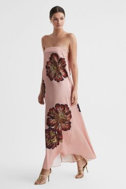 Reiss Roise Significant Other Satin Floral Strapless Maxi Dress Blush Pink Deep Red