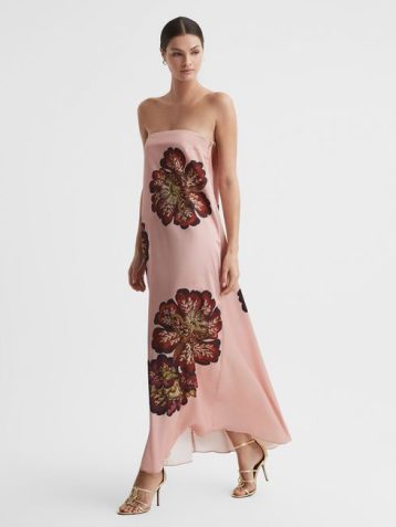 Reiss Roise Significant Other Satin Floral Strapless Maxi Dress Blush Pink Deep Red