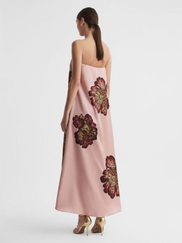 Reiss Roise Significant Other Satin Floral Strapless Maxi Dress Blush Pink Deep Red