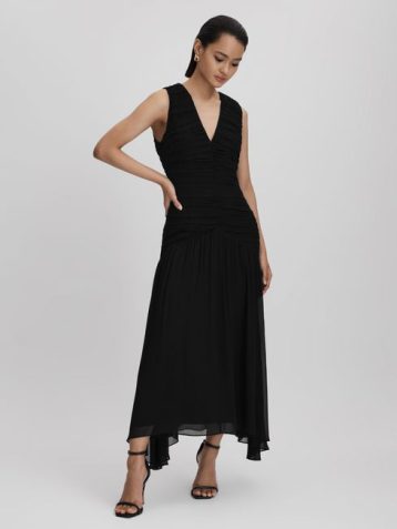 Reiss Saffy Ruched Bodycon Midi Dress Black