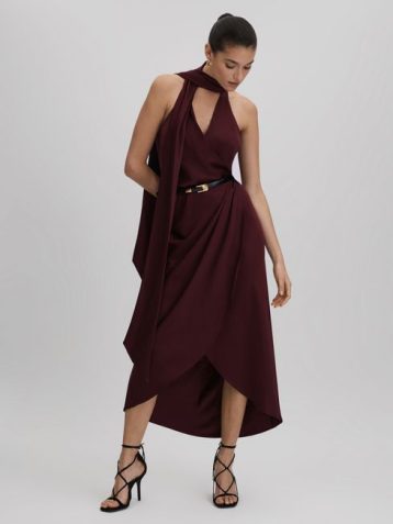 Reiss Tayla Satin Wrap Front Midi Dress Burgundy