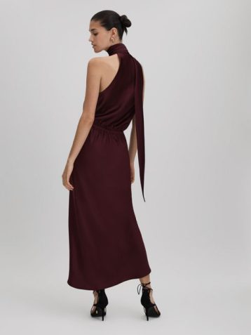 Reiss Tayla Satin Wrap Front Midi Dress Burgundy