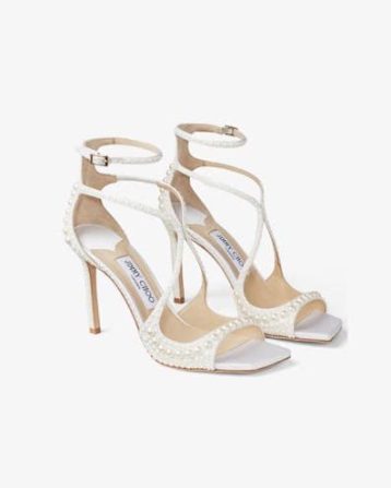 Jimmy Choo Azia 95 White Satin Sandals with All-Over Pearls