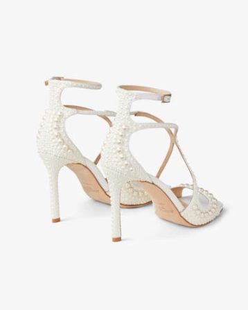 Jimmy Choo Azia 95 White Satin Sandals with All-Over Pearls