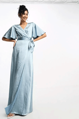 Six Bridesmaids Six Stories Bridesmaids angel sleeve wrap satin maxi dress in dusty blue