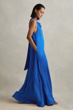 Reiss Dina Tie Neck Column Maxi Dress Blue