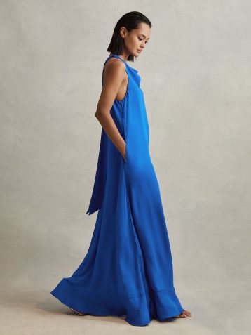 Reiss Dina Tie Neck Column Maxi Dress Blue