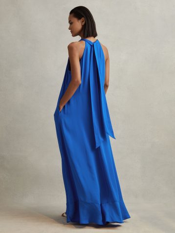 Reiss Dina Tie Neck Column Maxi Dress Blue