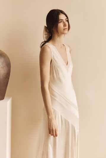 Ghost Addison Satin Asymmetric Midi Dress Ivory