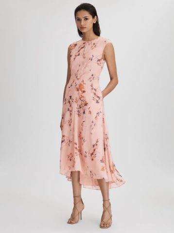 Reiss Becci Printed Open Back Midi Dress Blush Pink Multi