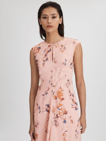 Reiss Becci Printed Open Back Midi Dress Blush Pink Multi