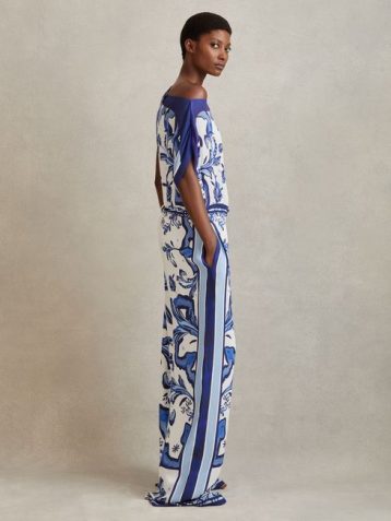 Reiss Diana Tile Print Off-The-Shoulder Jumpsuit Blue White