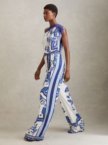 Reiss Diana Tile Print Off-The-Shoulder Jumpsuit Blue White