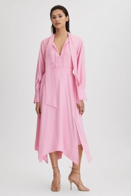 Reiss Erica Tie Neck Zip Front Midi Dress Pink blush