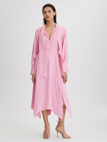 Reiss Erica Tie Neck Zip Front Midi Dress Pink blush