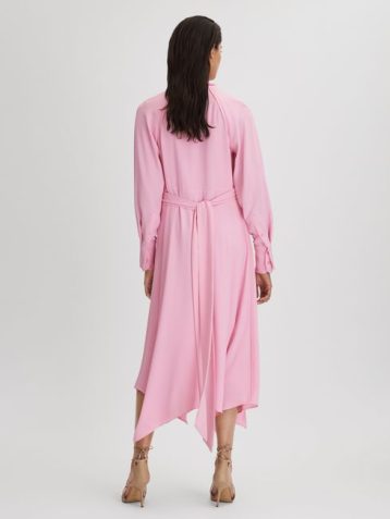 Reiss Erica Tie Neck Zip Front Midi Dress Pink blush