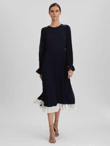 Reiss Priya Pleated Belted Midi Dress Navy Cream