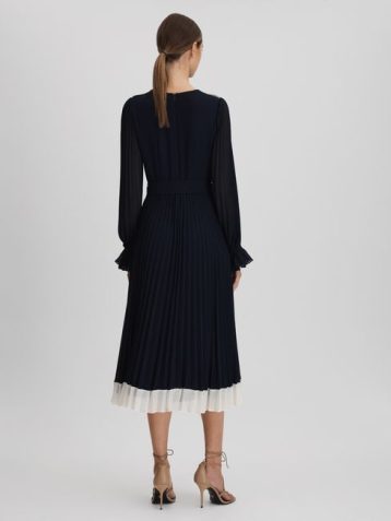 Reiss Priya Pleated Belted Midi Dress Navy Cream