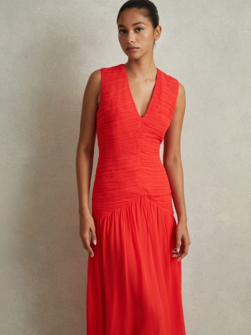 Reiss Saffy Ruched Bodycon Midi Dress Coral