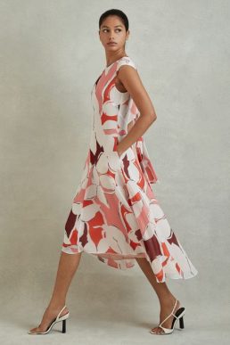 Reiss Becci Printed Open Back Midi Dress Pink Red Multi