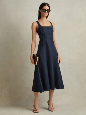 Reiss Etta Linen Corset Midi Dress Navy blue