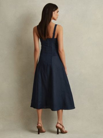 Reiss Etta Linen Corset Midi Dress Navy blue