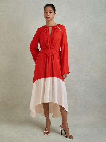 Reiss Luella Colourblock Fit-And-Flare Midi Dress Red Cream