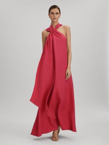 Reiss Odell Linen Blend Drape Maxi Dress Coral