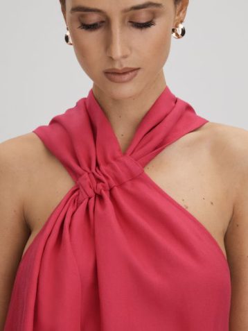 Reiss Odell Linen Blend Drape Maxi Dress Coral