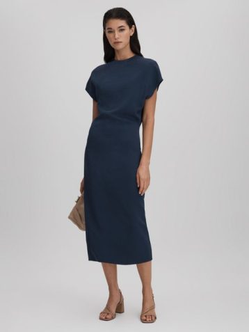 Reiss Tasha Ruched Bodycon Midi Dress Navy Blue