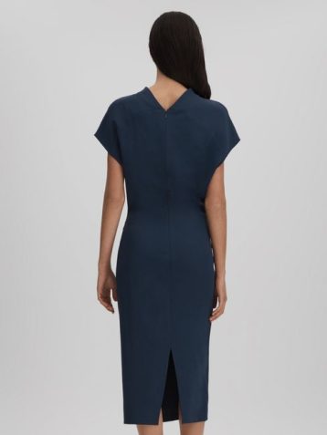 Reiss Tasha Ruched Bodycon Midi Dress Navy Blue