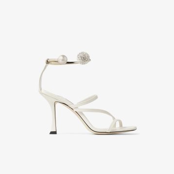 Jimmy Choo Ottilia 90 Latte Nappa Leather Sandals with Crystal and Pearl Strap