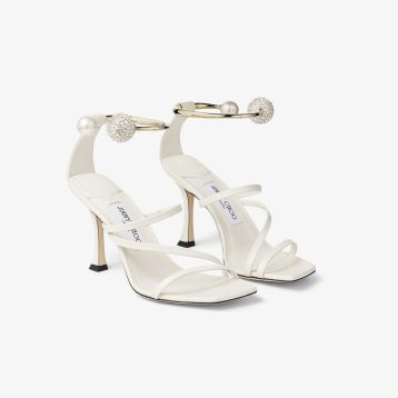 Jimmy Choo Ottilia 90 Latte Nappa Leather Sandals with Crystal and Pearl Strap