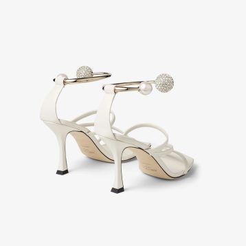 Jimmy Choo Ottilia 90 Latte Nappa Leather Sandals with Crystal and Pearl Strap