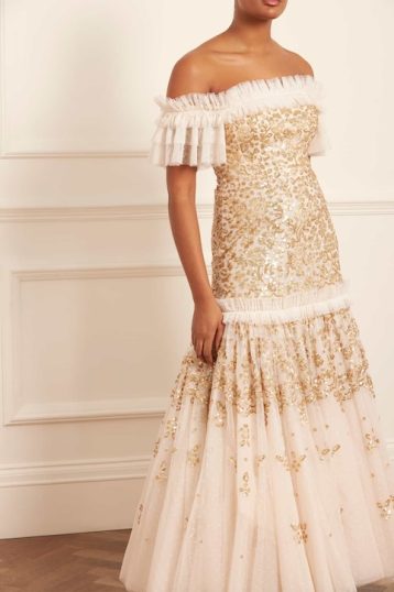 Needle & Thread New Regal Rose Off-Shoulder Gown Ivory