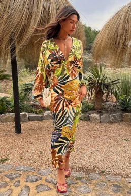 Never Fully Dressed Cream Palm Leaf Emma Dress Multi Green